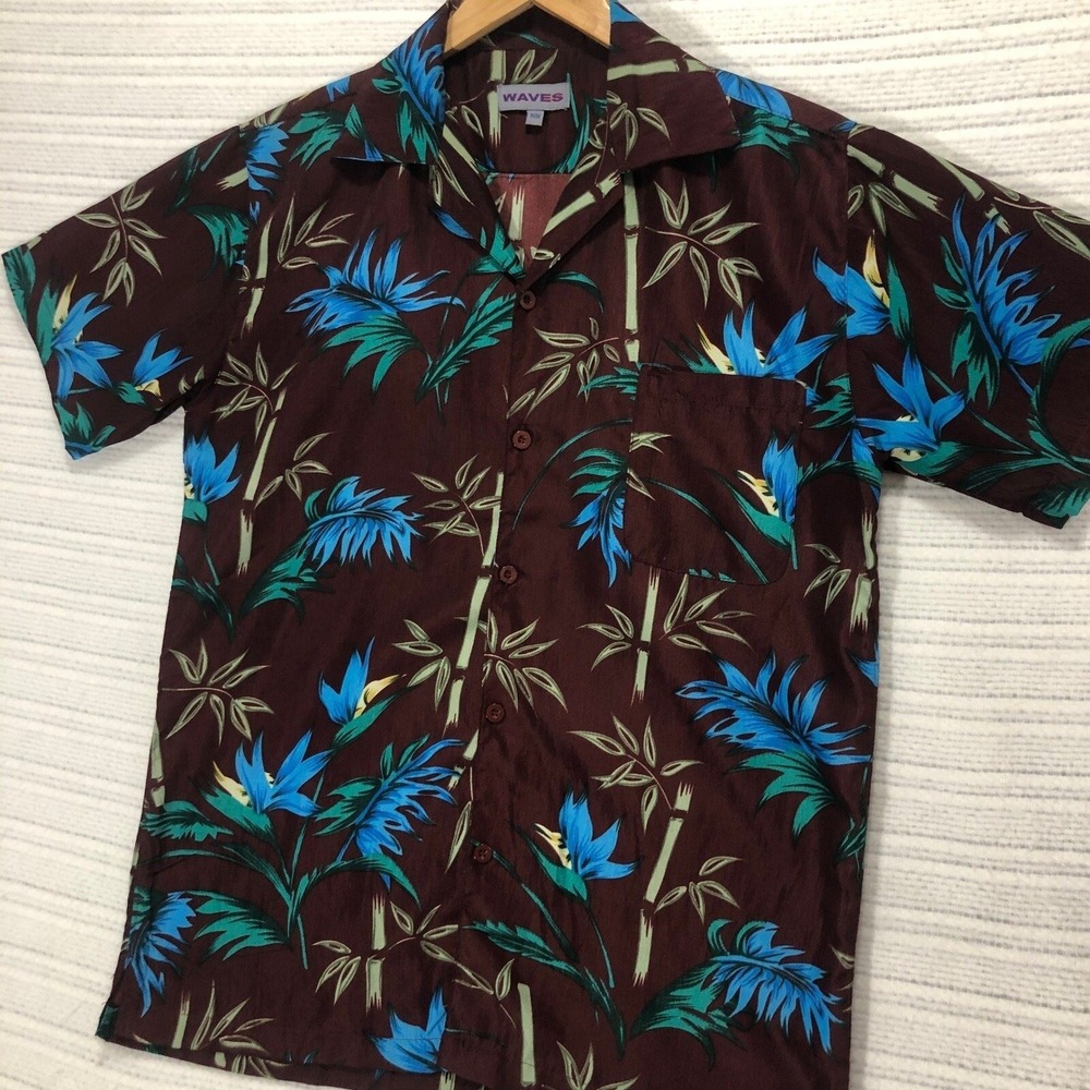 Waves Floral Hawaiian Shirt‎ Bamboo Print Camp Collar Burgundy M/M